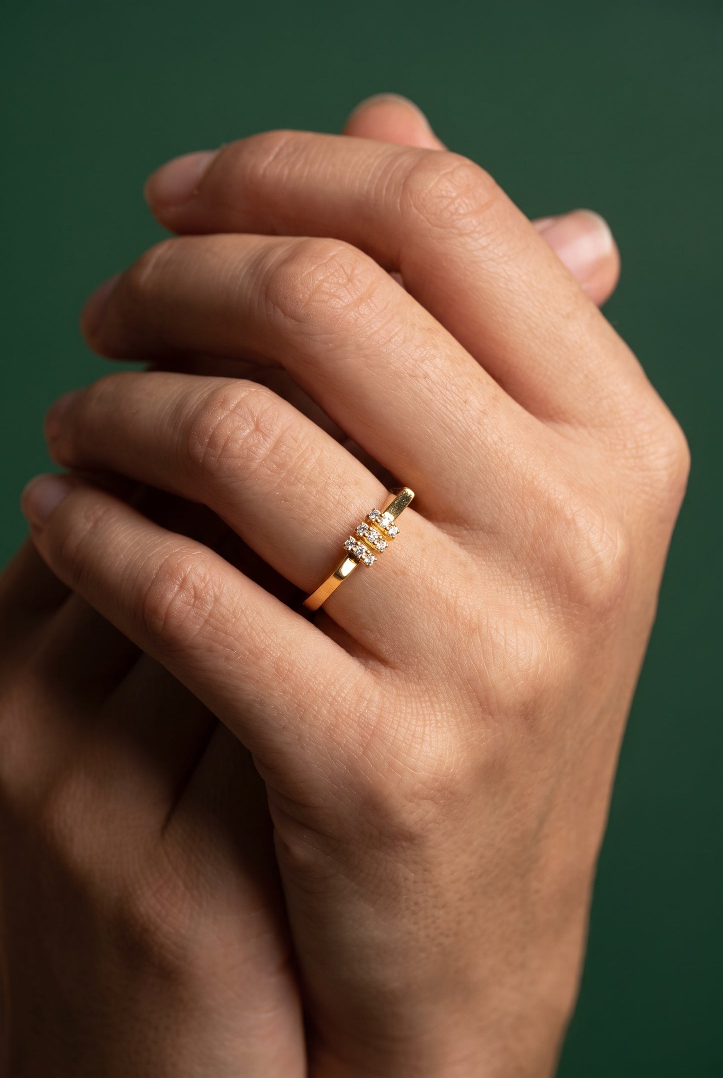 Pave diamond bar ring in 14K solid gold, studio product shot