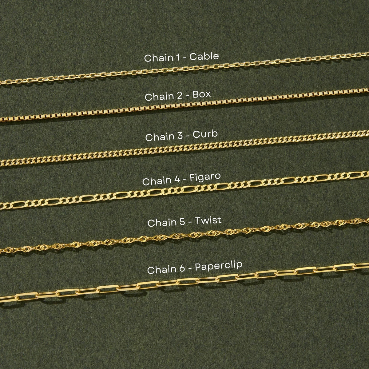 Six chain styles for personalized necklaces: cable, box, curb, figaro, twist and paperclip, 14K gold vermeil