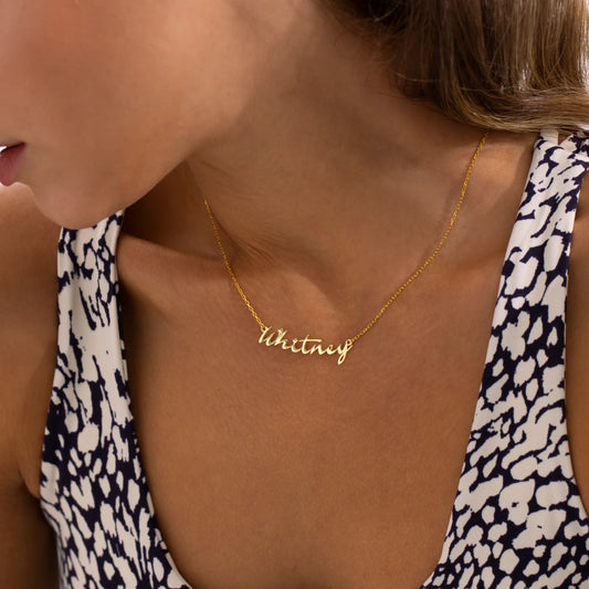 14K Gold Italic Script Name Necklace | Personalized Slanted Cursive Necklace