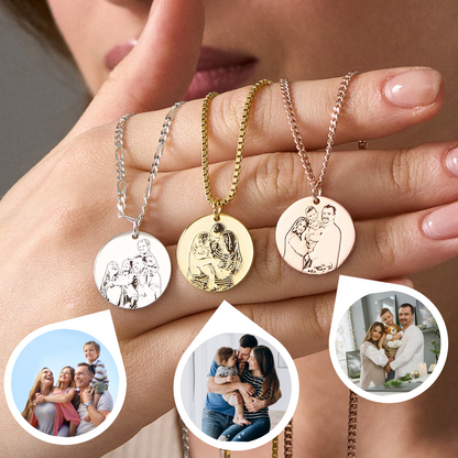 Custom photo engraved round pendant necklace, hands holding photo pendants