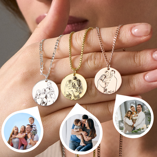 14K Gold Custom Photo Engraved Necklace | Pet Portrait Necklace | Memorial Photo Necklace