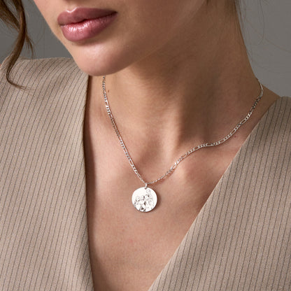 Custom photo engraved round pendant necklace, worn on model (15)