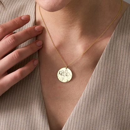 Custom photo engraved round pendant necklace, worn on model (10)