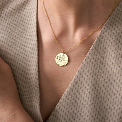 Custom photo engraved round pendant necklace, worn on model (17)