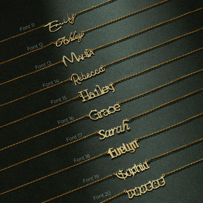 Bold script name necklace in 14K gold, chain style options