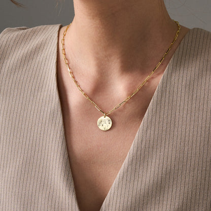 Custom photo engraved round pendant necklace, worn on model (11)