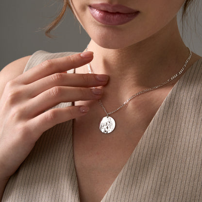 Custom photo engraved round pendant necklace, worn on model (12)