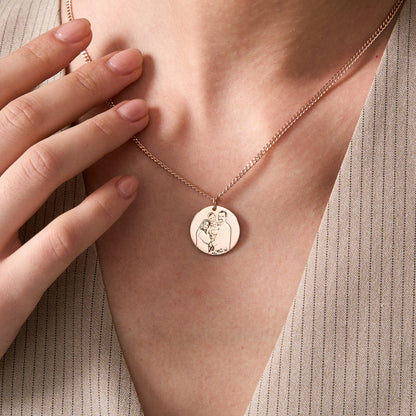 Custom photo engraved round pendant necklace, worn on model (7)