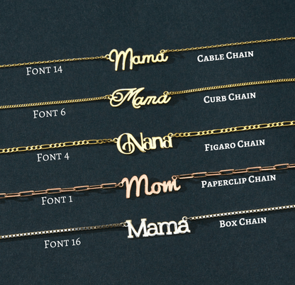 Dainty Mama, Nana and Mom name necklaces in 14K gold vermeil, worn on model, close-up of the name pendant (5)