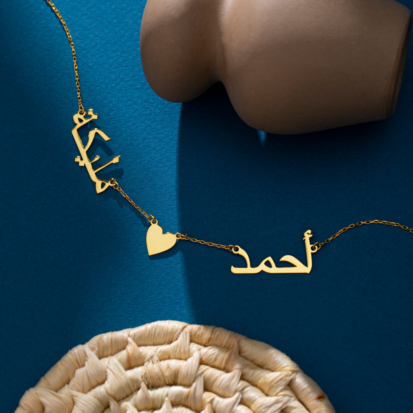 14K Gold Arabic Name Necklace with Heart | 2 Names Heart Necklace | Couples Gift