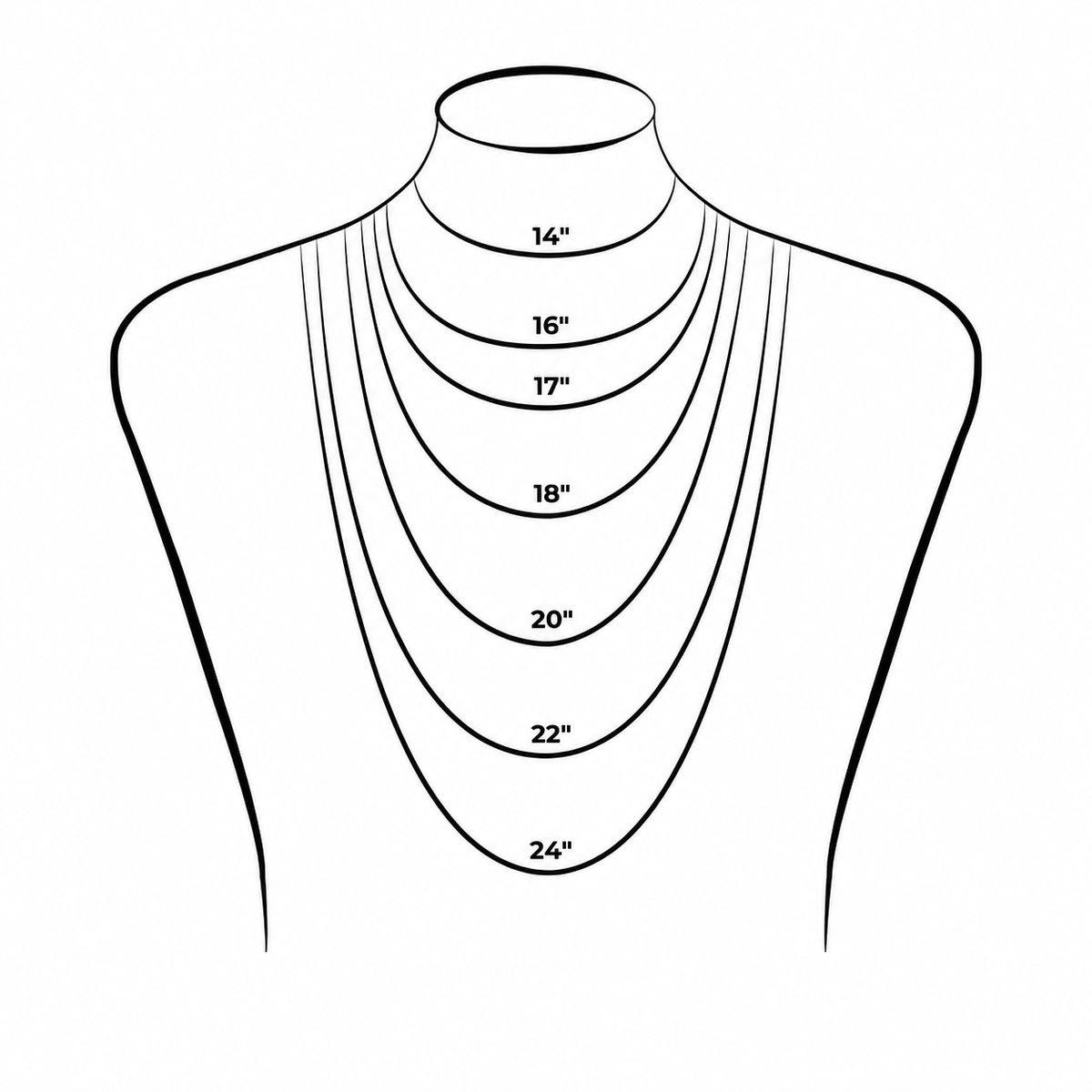 Necklace chain length guide from 14 to 24 inches shown on a neckline illustration