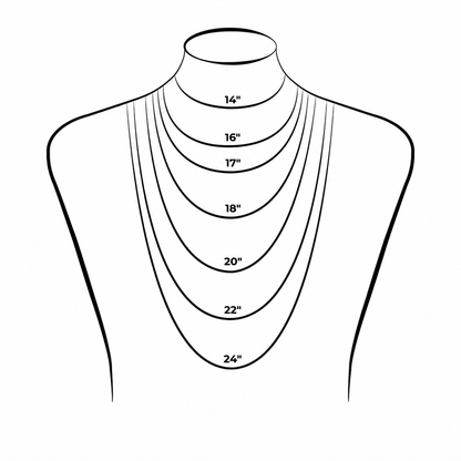 Necklace chain length guide from 14 to 24 inches shown on a neckline illustration