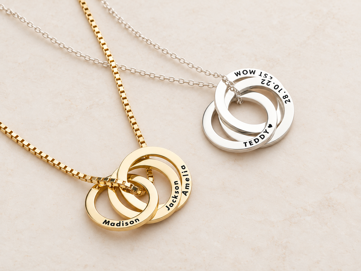 Russian Ring Necklace, Personalized Engraved Names | 14K Gold Vermeil