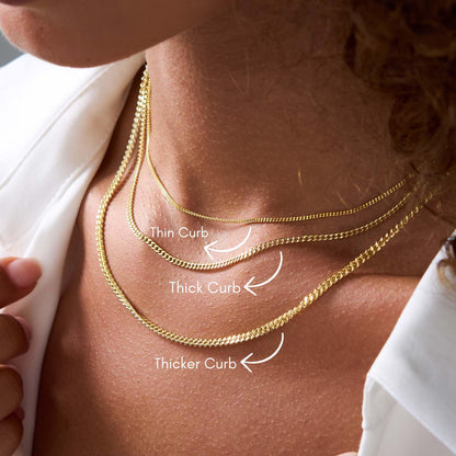 Bold Curb Chain Necklace, 14K gold vermeil, worn on model, close-up on the neckline