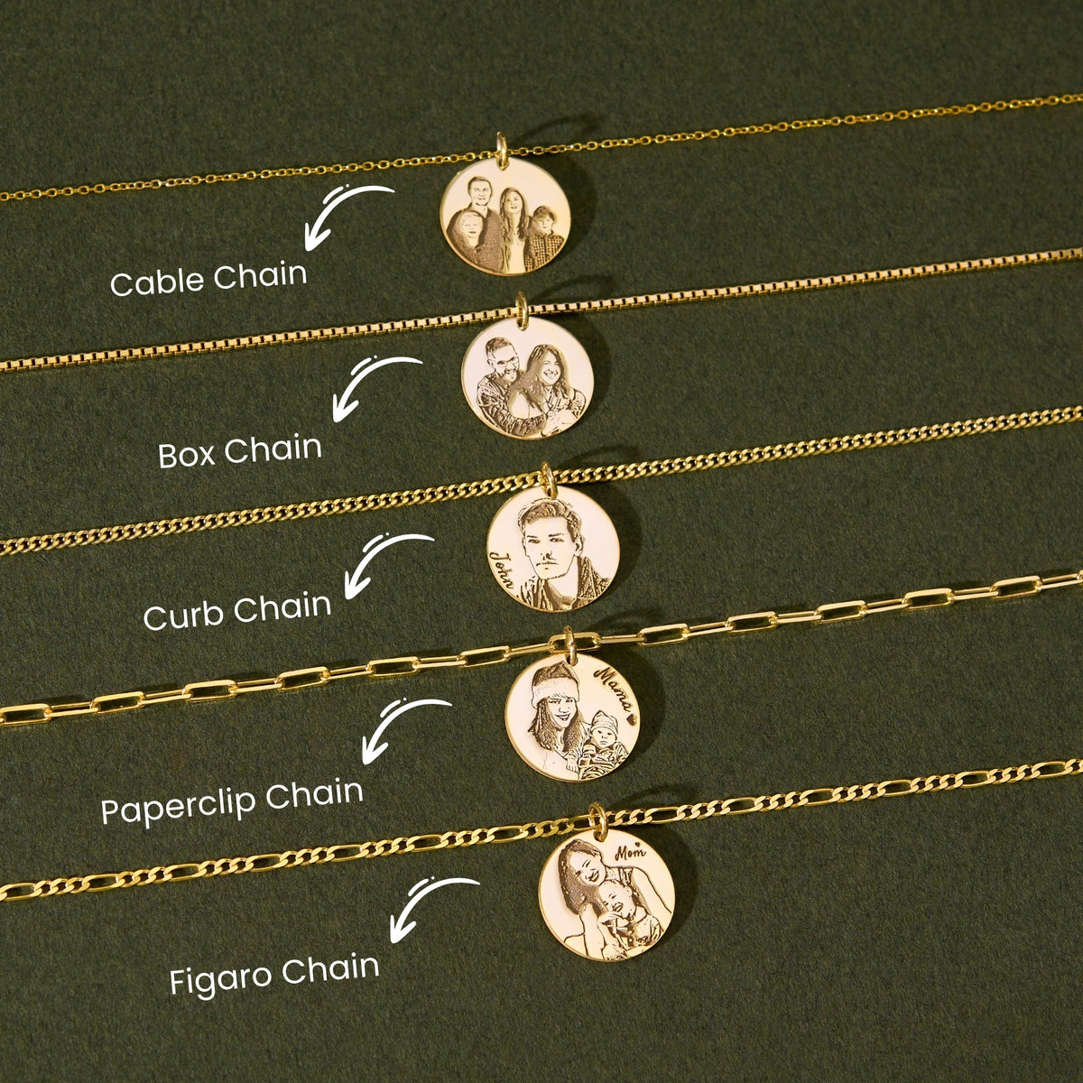 Custom pet portrait necklaces in cable, box, curb, paperclip and figaro chain styles on a flat lay