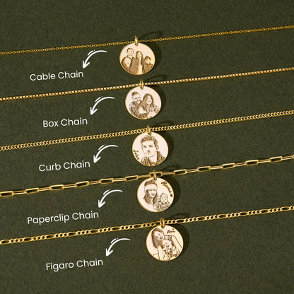 Custom pet portrait necklaces in cable, box, curb, paperclip and figaro chain styles on a flat lay