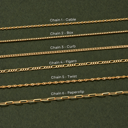 Chain style options for the custom pet portrait necklace: cable, box, curb, figaro, singapore and paperclip