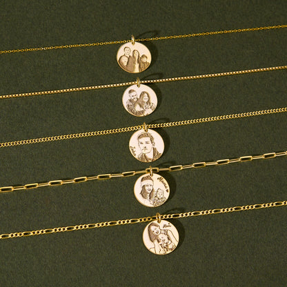 Custom photo necklaces with engraved portrait disc pendants on 14K gold vermeil chains