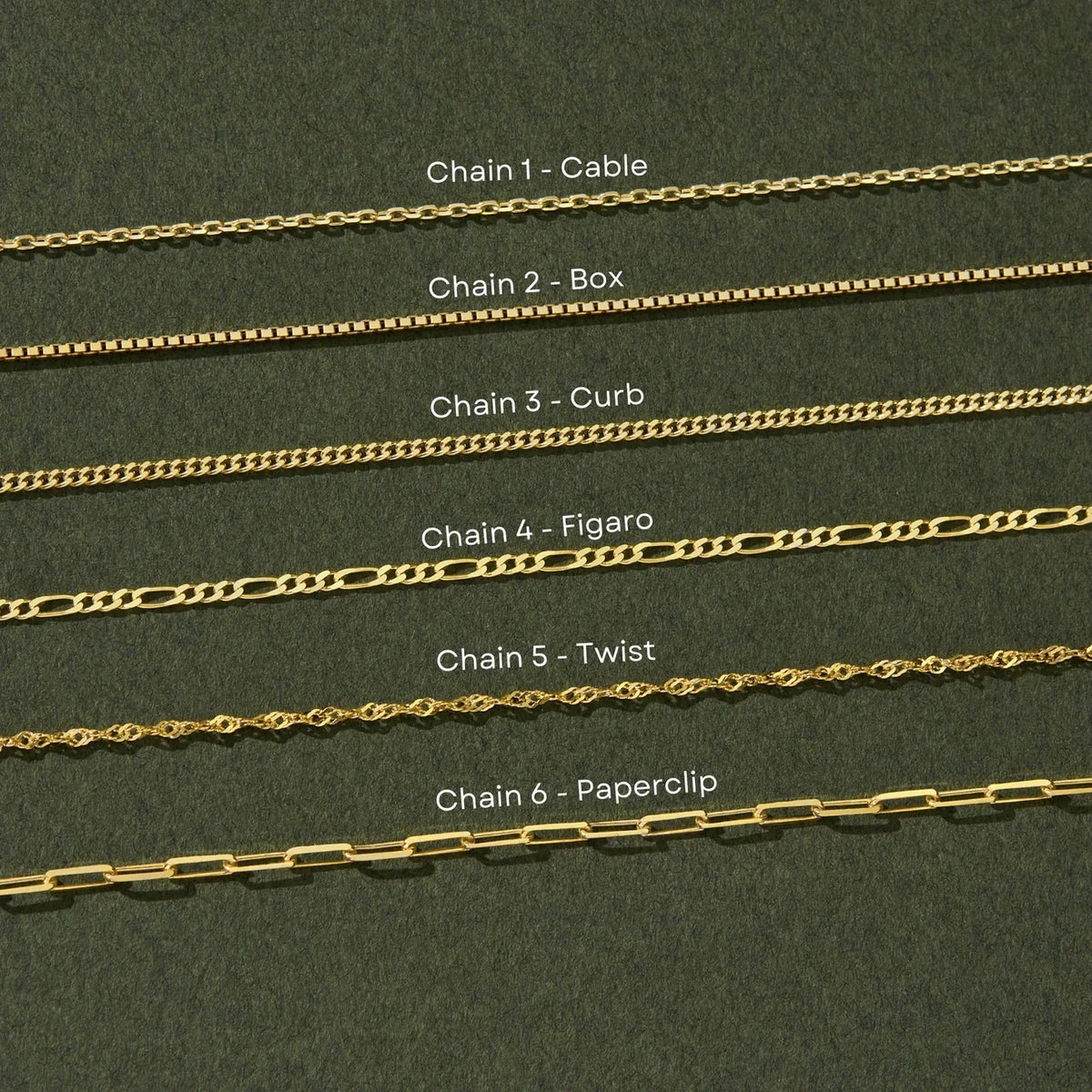 Chain style options for the custom photo necklace in 14K gold vermeil