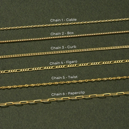 Chain style options for the custom photo necklace in 14K gold vermeil