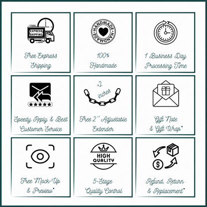 Juvelisso service highlights: handmade, quick processing, free 2-inch extender, gift box and quality control