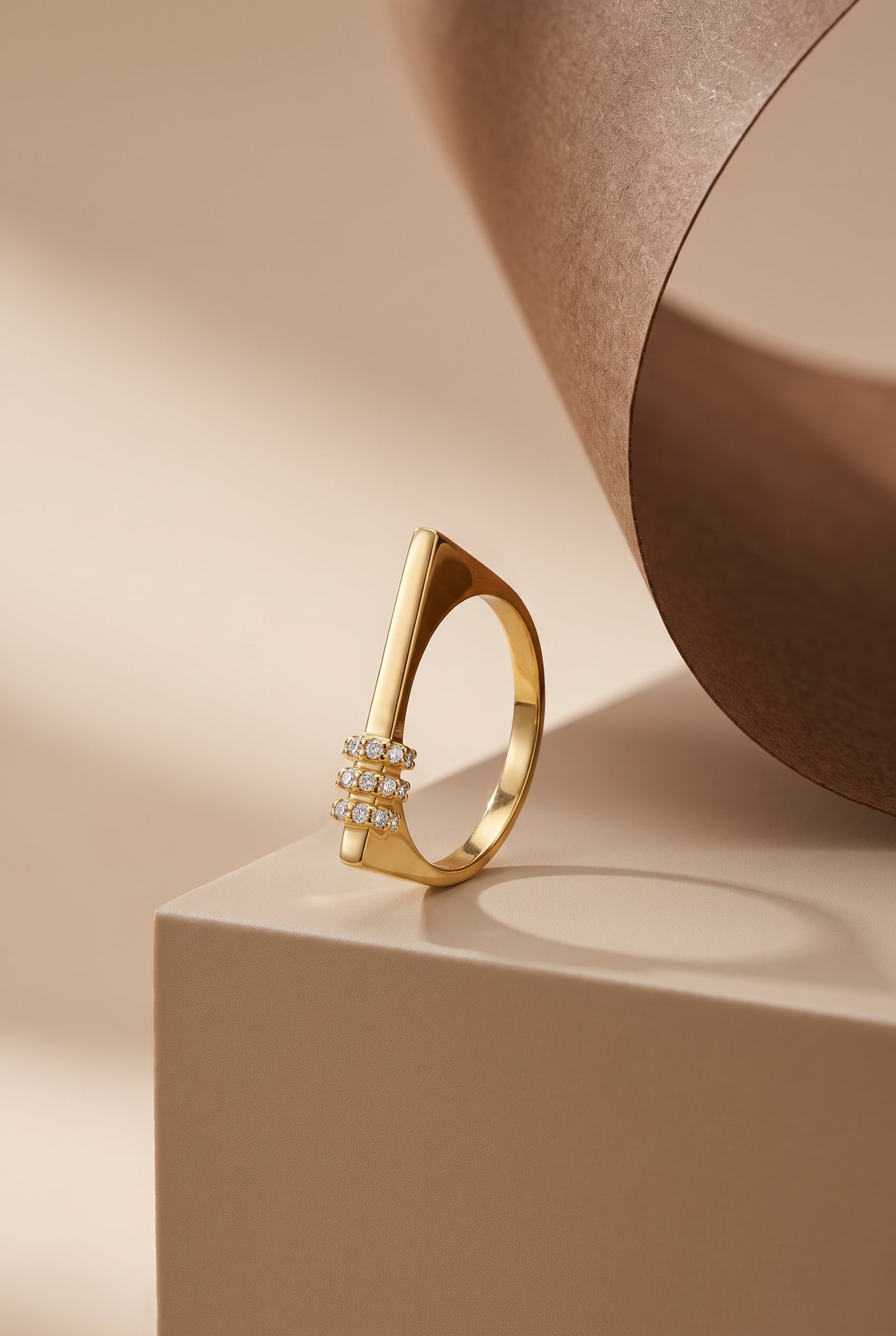 Pave diamond bar ring in 14K solid gold, worn on hand