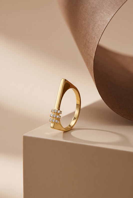 Pave diamond bar ring in 14K solid gold, worn on hand