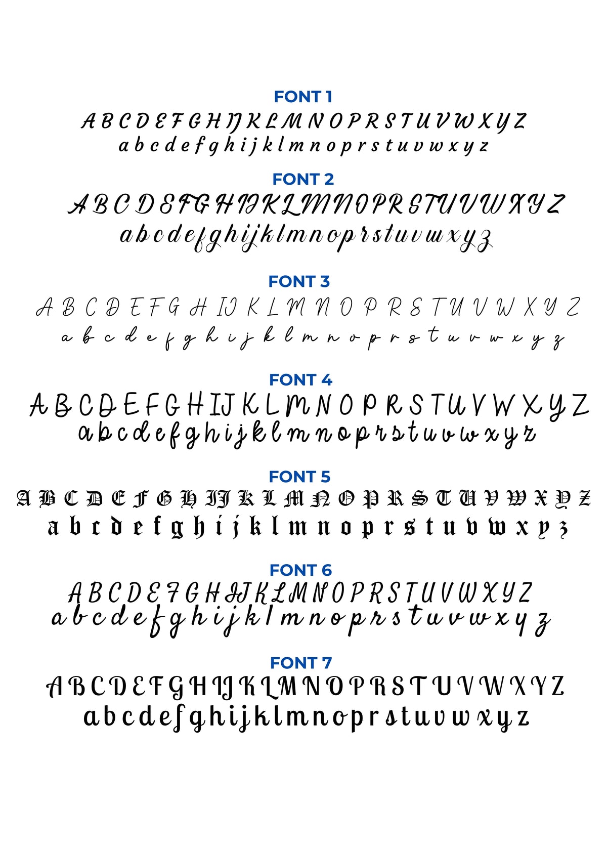 Font chart for personalized necklaces showing fonts 1 to 7 to choose from