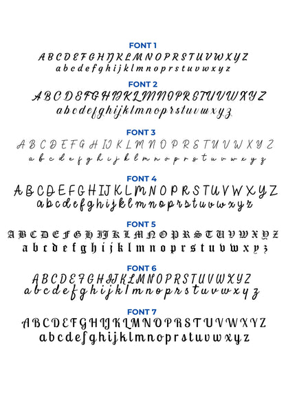 Font chart for personalized necklaces showing fonts 1 to 7 to choose from