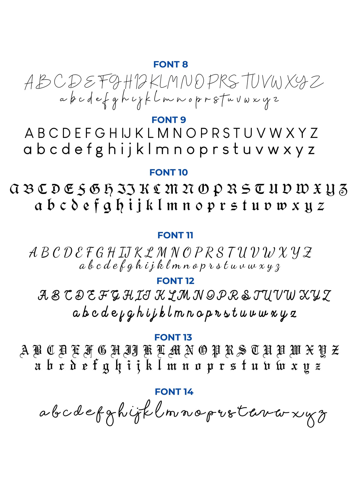 Font chart for personalized necklaces showing fonts 8 to 14 to choose from