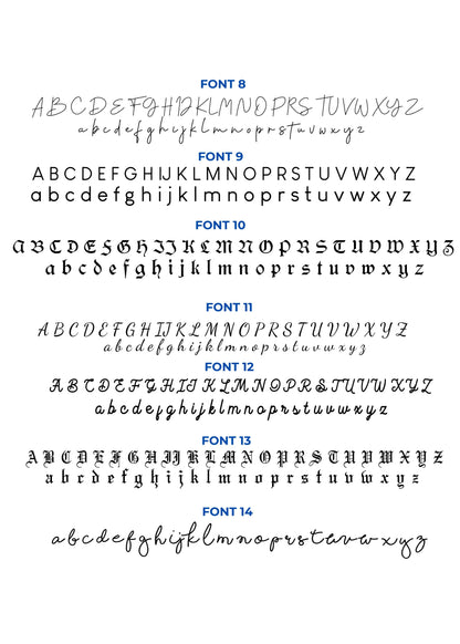 Font chart for personalized necklaces showing fonts 8 to 14 to choose from
