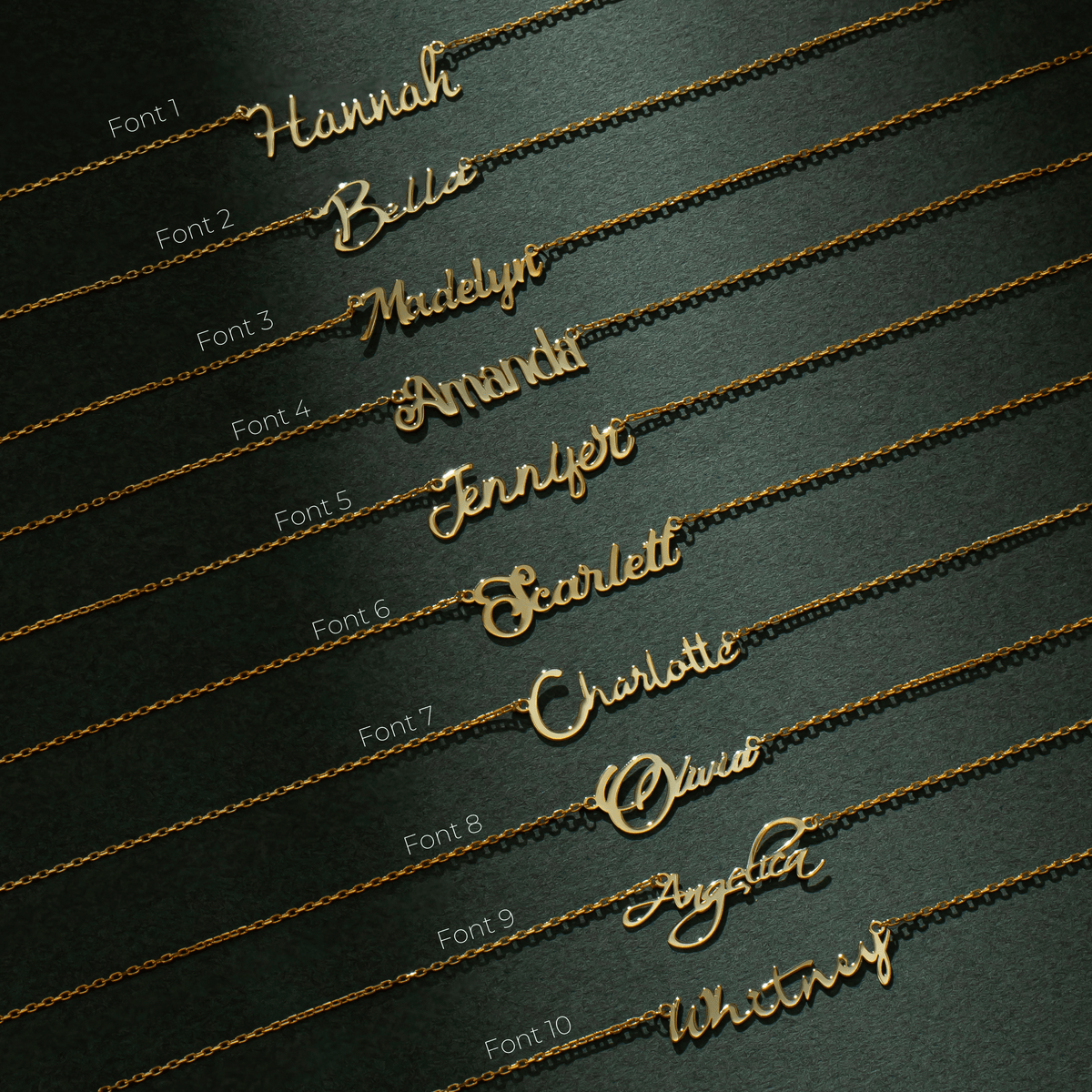 Name necklace font style chart, chart 1, 14K gold vermeil