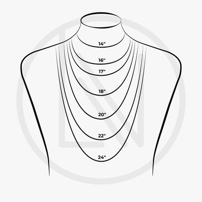 Necklace chain length guide from 14 to 24 inches shown on a neckline illustration