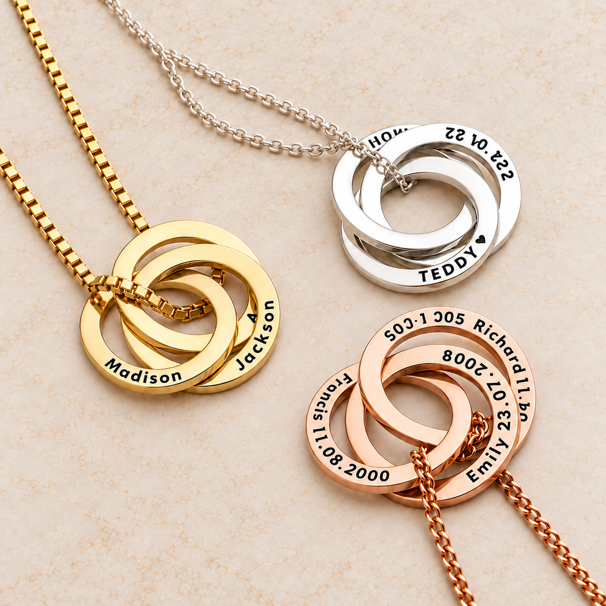 Russian Ring Necklace, Personalized Engraved Names | 14K Gold Vermeil