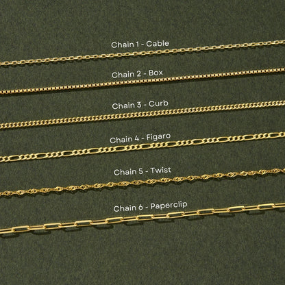 Six chain styles for personalized necklaces: cable, box, curb, figaro, twist and paperclip, 14K gold vermeil