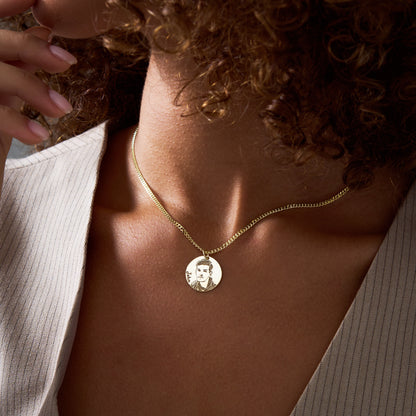 Personalized portrait photo necklace, 14K gold vermeil disc pendant, worn on neckline